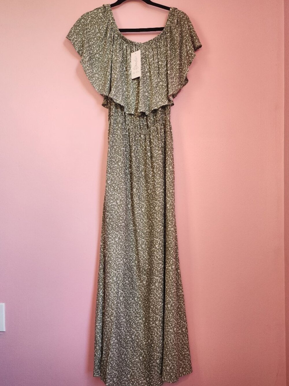 Olive Green Off Shoulder Floral Maxidress